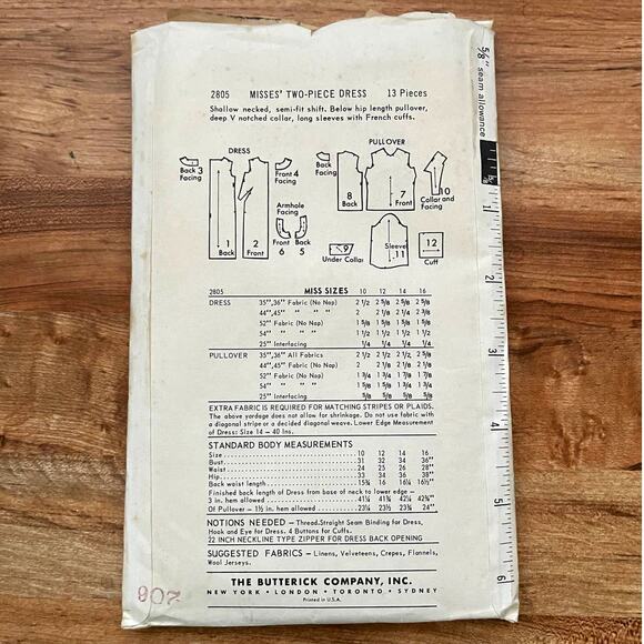 UNCUT Vintage 1960s Butterick 2805 Sewing Pattern Sz Sm 14 2 Piece Fitted Dress - Picture 2 of 2